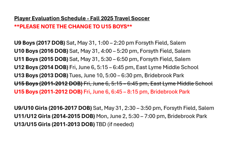 Evaluation (aka Tryouts) Schedule for Fall Travel Soccer